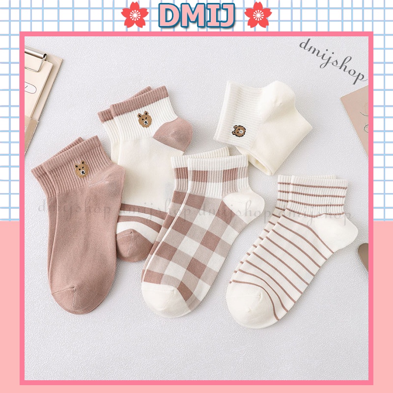 Set 5 đôi tất nữ cổ thấp nhiều màu họa tiết mặt gấu trắng xám T18