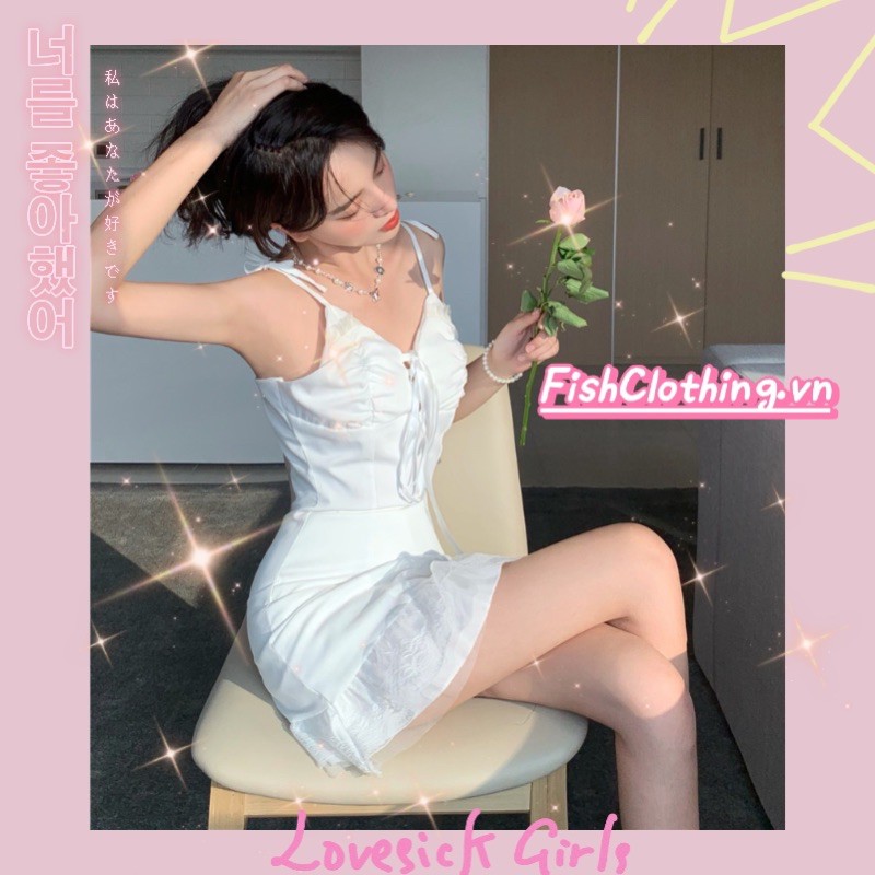 SẴN HÀNG🎀Đầm trắng hai dây ôm body trắng thắt nơ ngực đuôi cá phối ren dễ thương| Váy bánh bèo ulzzang có mút ngực | BigBuy360 - bigbuy360.vn