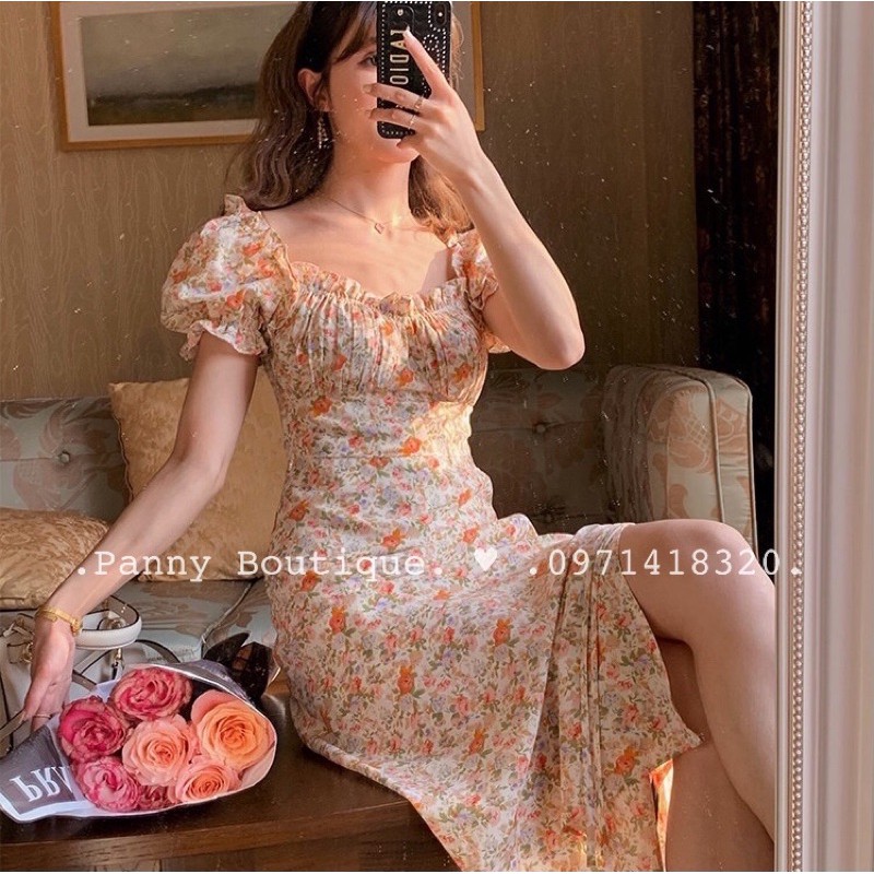 [Order có ảnh thật](Sẵn dài sizeS,M) Đầm váy cổ vuông tay phồng hoa hồng cam đào 🍑, style Hàn Quốc 🌻 Panny Boutique 🌻