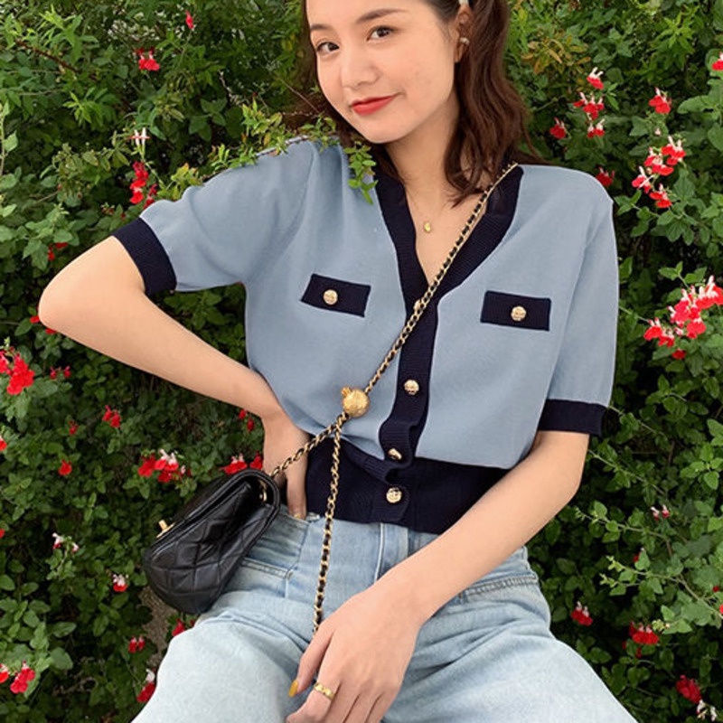 Áo Cardigan Ngắn Tay Cổ Chữ v Màu Sắc Tương Phản Thời Trang