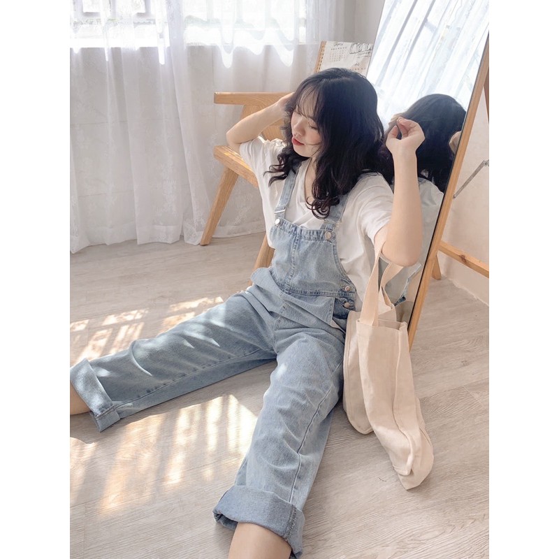Yếm jean nữ, Yếm bò ống suông form rộng màu xanh nhạt Basic Phong Cách Hàn Quốc, Bigsize Loại 1 Quảng Châu