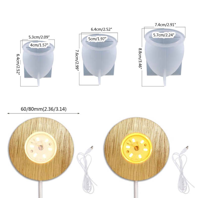 Khuôn silicone làm đèn LED hình quả trứng với đế gỗ nguồn USB