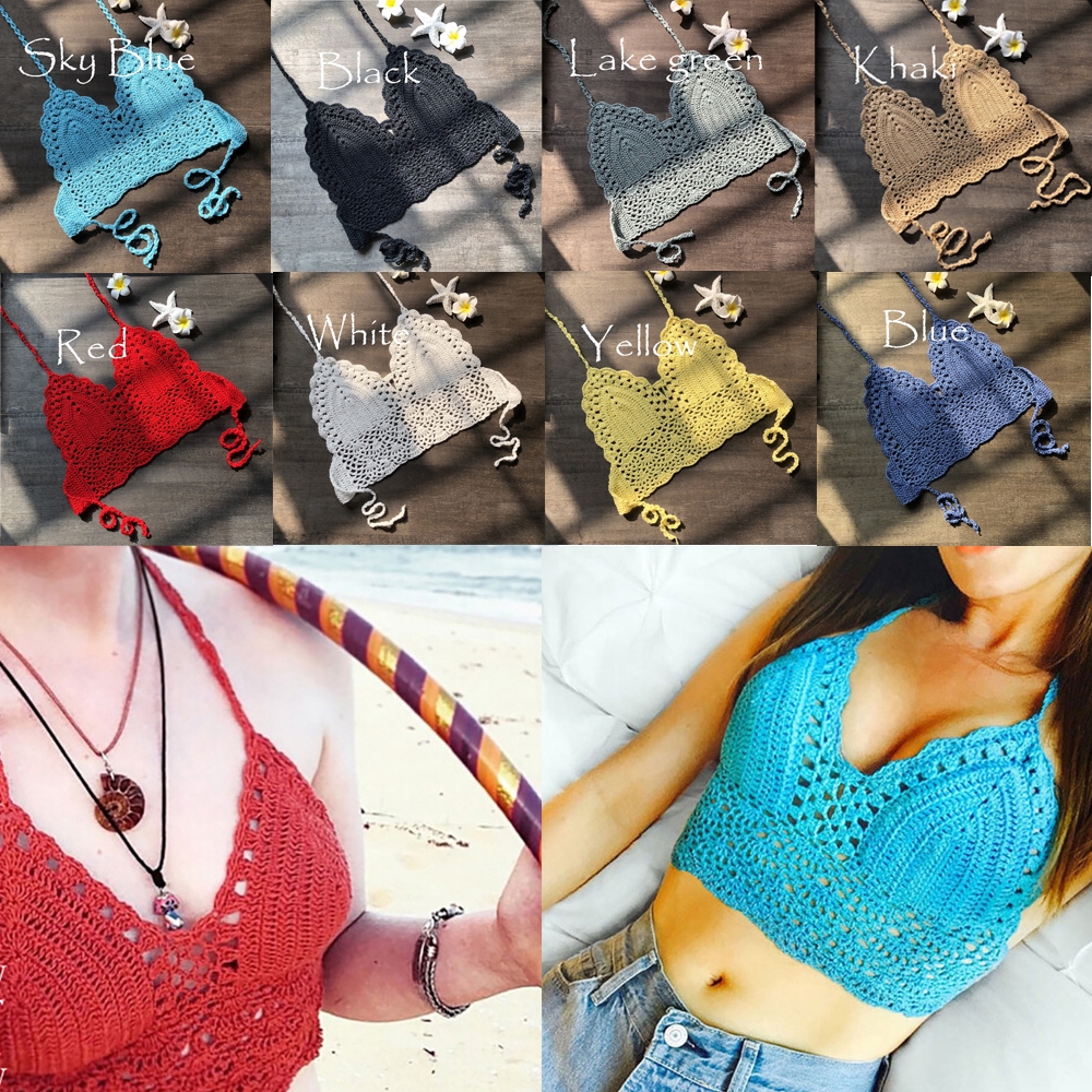 Áo croptop len móc cổ yếm quyến rũ