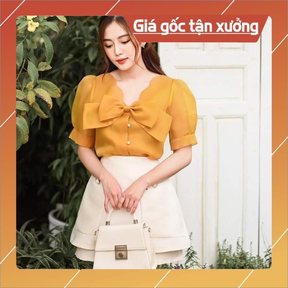 [Chất lượng số 1] Áo sơ mi công sở nữ- Áo sơ mi tơ lưới tay bồng cổ đính nơ thời trang