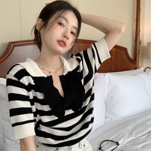 Áo thun polo dệt kim ZHELIHANGFEI dáng rộng kẻ sọc cá tính