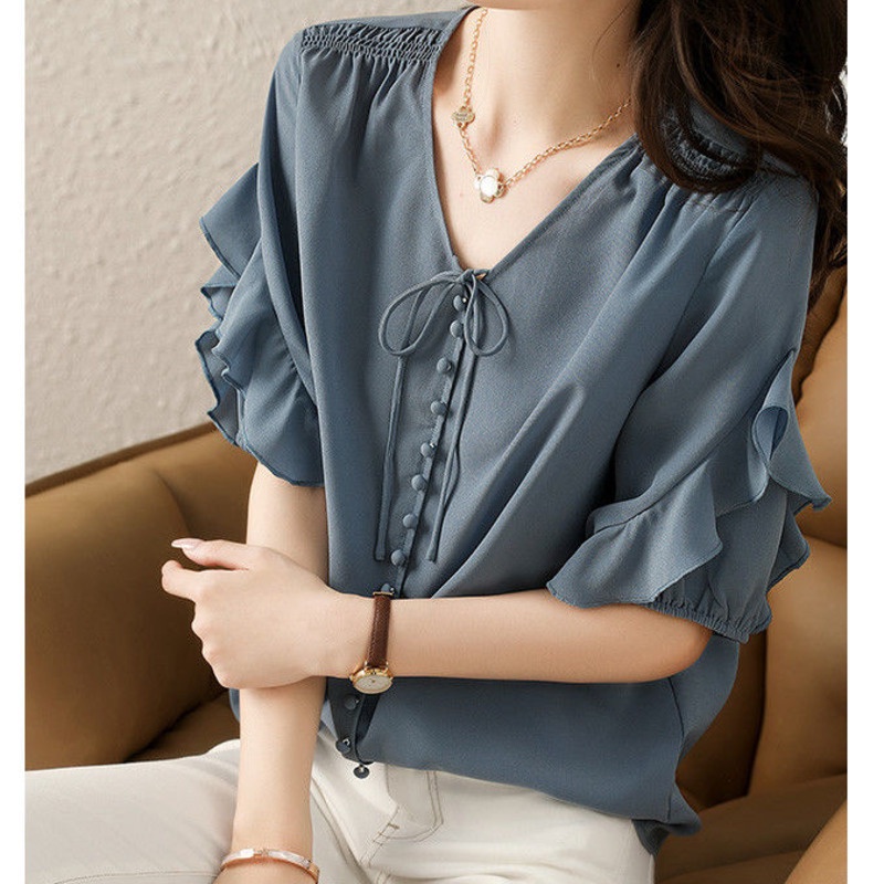 Áo Sơ Mi Ngắn Tay Phối Bèo Phong Cách Pháp 175286 Áo Sơ Mi Dáng Rộng Phong Cách Retro Cá Tính