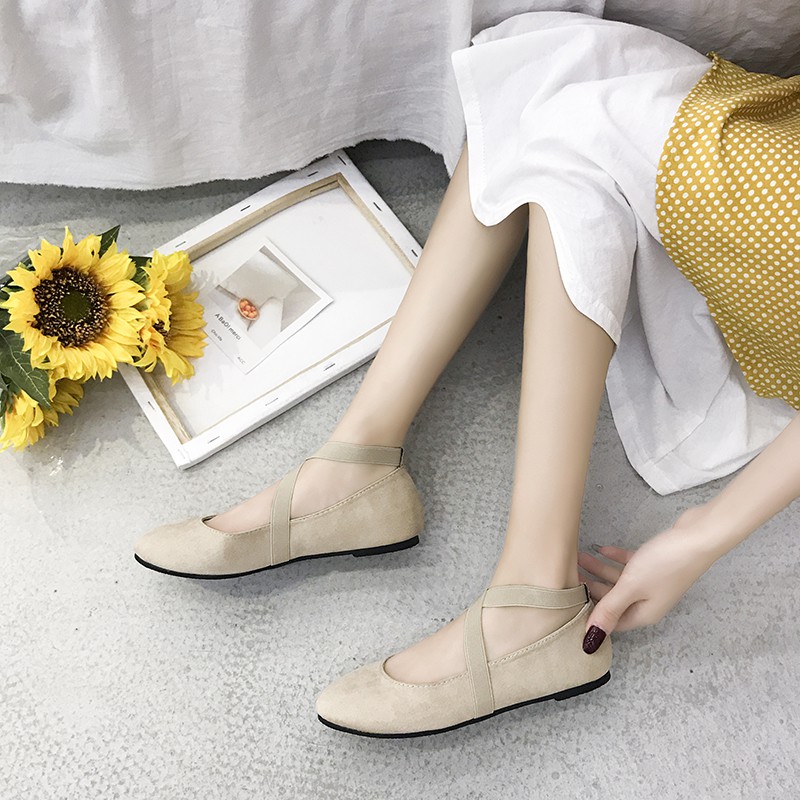 Giày đế bệt vintage, mũi tròn chất da lộn, quai chéo sang ( Kèm Ảnh Thật )