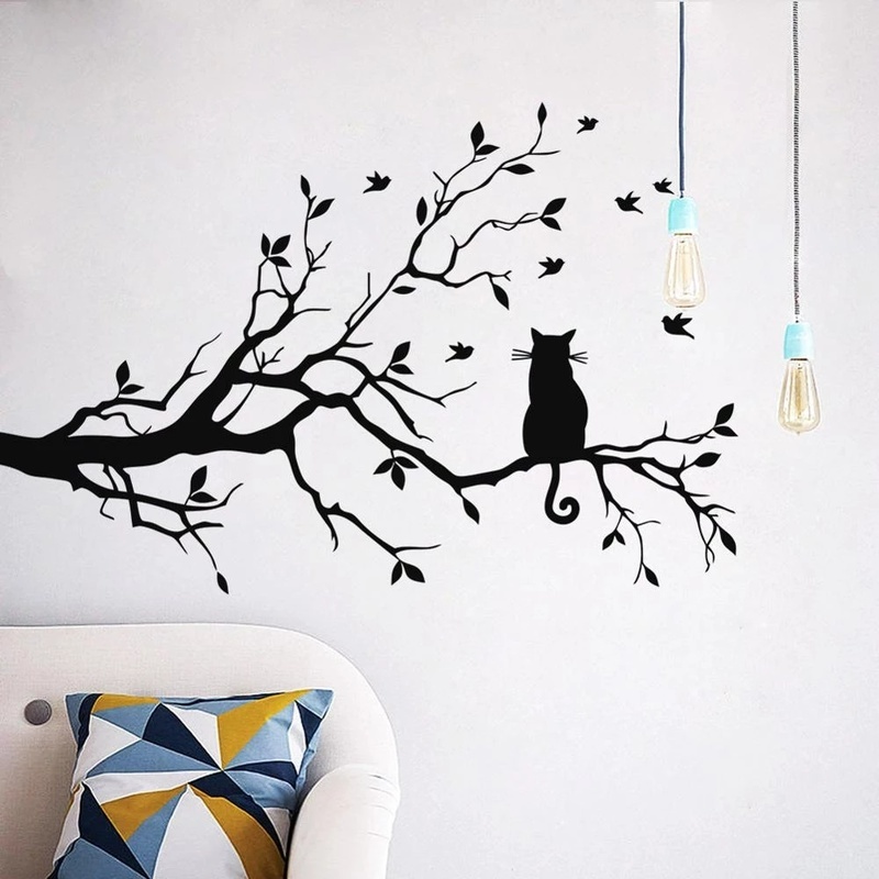 Giấy Dán Tường Bằng PVC Hình Cây Và Mèo Đen Hiện Đại Trang Trí Nhà Cửa