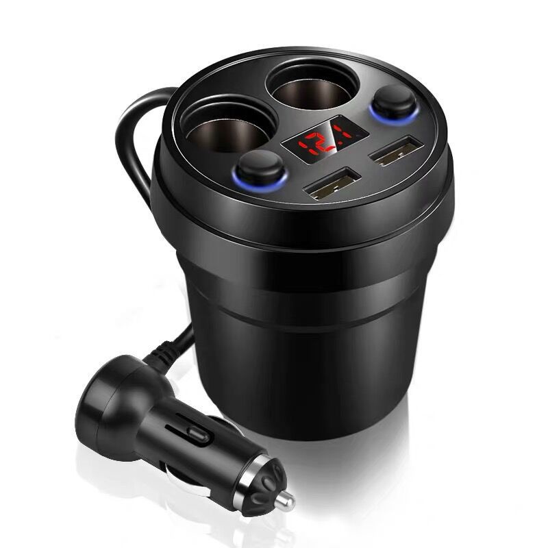 Cốc Chia Tẩu Sạc Trên Ô Tô - Hai Cổng Tẩu Và Hai Cổng USB Có Màn Hình Hiển Thị Điện Áp