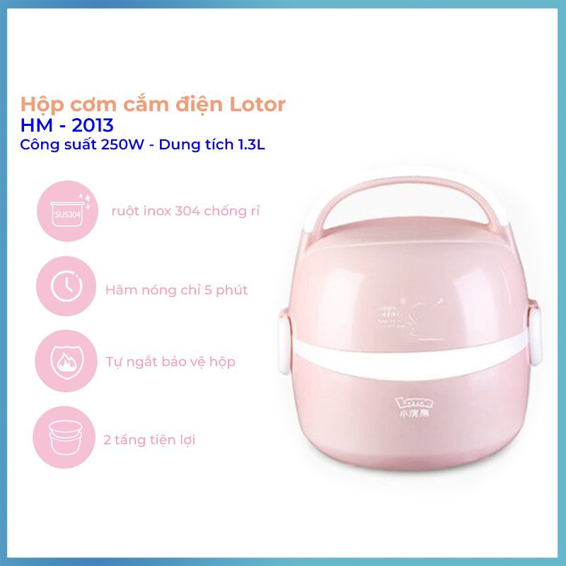 [2 Tầng] Hộp cơm cắm điện Lotor, hâm nóng giữ nhiệt Inox 304, tự ngắt bảo vệ hộp cơm_Vimart