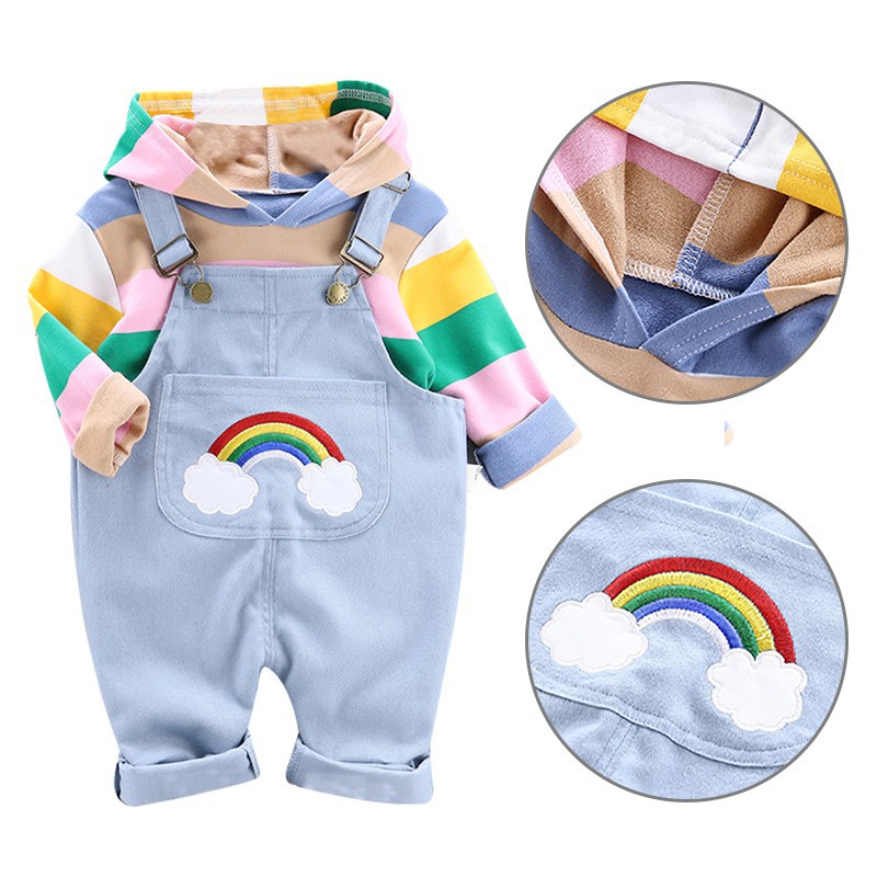 Set áo hoodie tay dài kẻ sọc ngang kèm quần yếm đáng yêu cho bé