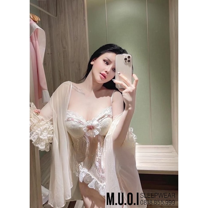 Set váy ngủ ren hoa hồng kèm choàng viền ren MIEMMOC QUẢNG CHÂU cao cấp SX 178 - Hàng có sẵn (Video + ảnh thật)