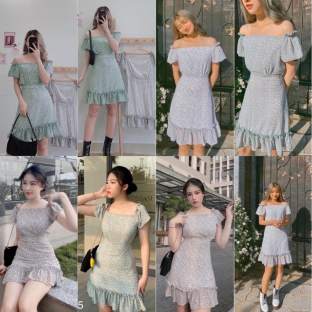 Đầm Bangkokk Dress thiết kế hoạ tiết hoa nhí- váy trễ vai xoè nhẹ có bo chun phần ngực và eo, from chuẩn tôn dáng