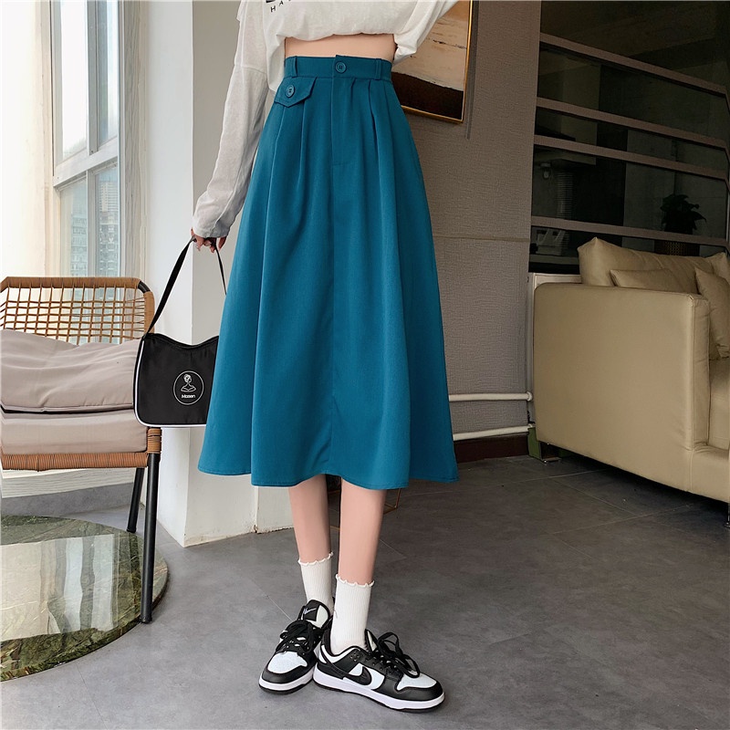 SUXI Chân Váy Chữ A Lưng Cao Màu Trơn Thời Trang Hàn Quốc Cho Nữ
