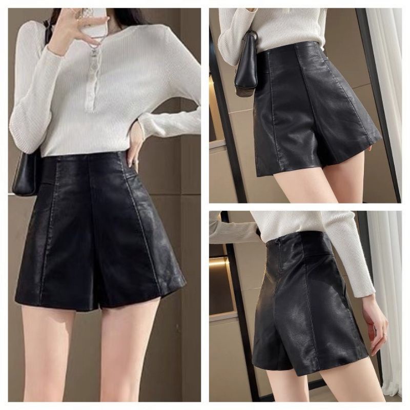Quần short da cạp cao có túi dáng basic, quần đùi nữ ôm dáng siêu sang