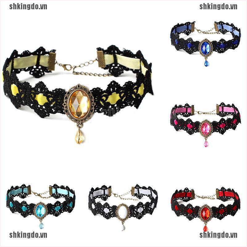Vòng Cổ Choker Dây Nhung Đen Đính Đá Pha Lê Phong Cách Gothic