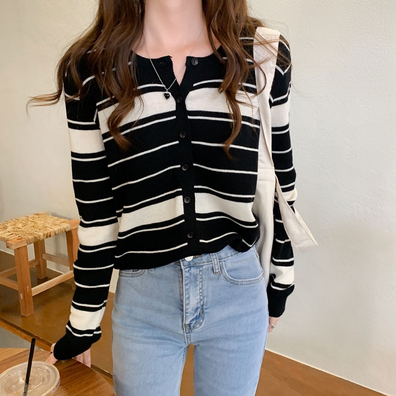 Áo Khoác Cardigan Dệt Kim Tay Dài Họa Tiết Kẻ Sọc Thời Trang Hàn Quốc Cho Nữ