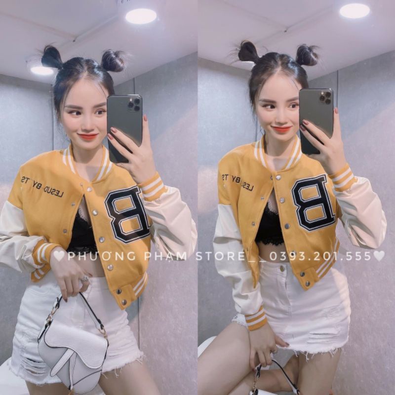 Áo bomber chữ B hot tiktok hàng loại 1 tay phối da lộn