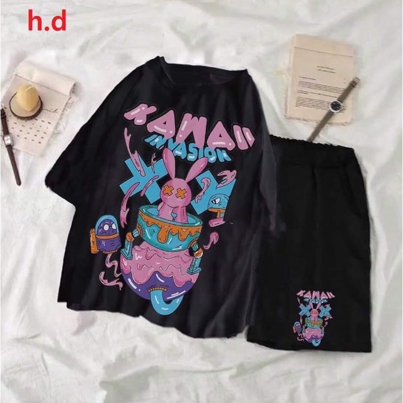 Sét Áo Thun Thỏ Kawaii + Quần Short 🌸Chất cotton form thụng tay lỡ Unisex 🌸Form <55kg🌸 Bộ mặc nhà ngủ mùa hè nam nữ