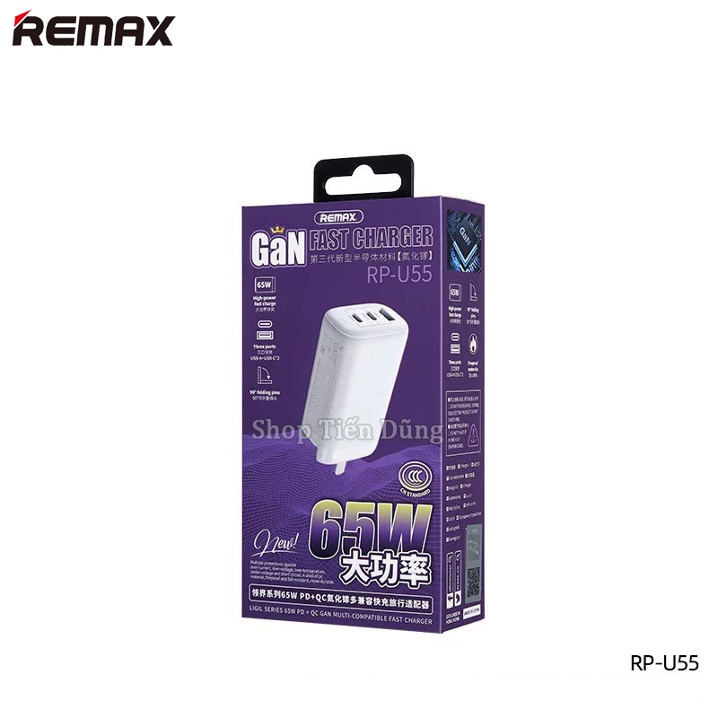Củ Sạc Nhanh 65w Remax RP U55 Chip GaN 2 Cổng Type-C và 1 Cổng USB Hỗ Trợ PD+ QC Chân Sạc Gập Gọn Góc 90 Độ