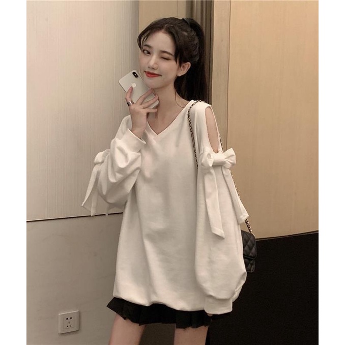 SUA004 Áo sweater thun cổ V đen trắng tay bồng khoét vai nơ babydoll cute thu đông thời trang nữ tính bánh bèo tiểu thư