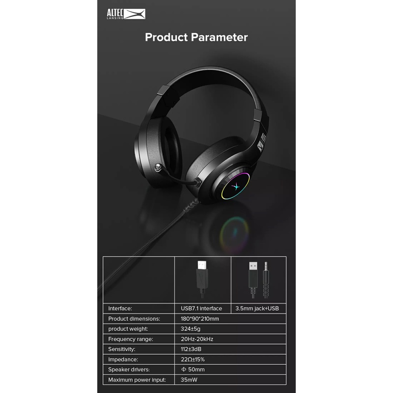 Tai nghe chụp tai 7.1 gaming ALTEC ALGH9602 led RGB - giả lập sống động (Đen) - Nhất Tín Computer