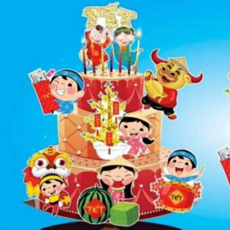 Set cắm Tết trang trí bánh kem, trẻ vui Tết, ông bà thọ mừng năm mới 2022, toppercake