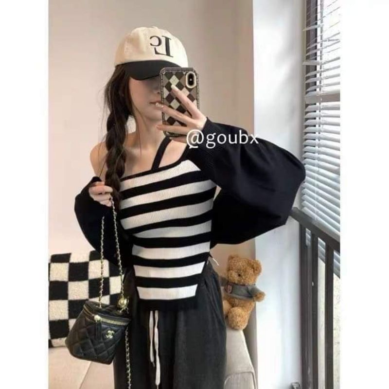 Sét áo len kẻ lệch vai mix áo khoác mỏng hàng QC