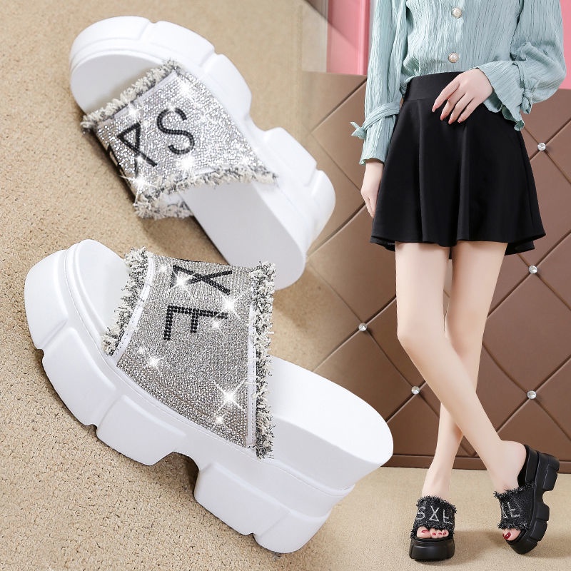 🎀 COOL A Dép Xăng Đan Đế Xuồng Thời Trang Cho NữRhinestone dép và dép đi trong nhà của phụ nữ mùa hè mặc bên ngoài thời trang bánh xốp đế dày đáy nêm gót cao gót một từ dép