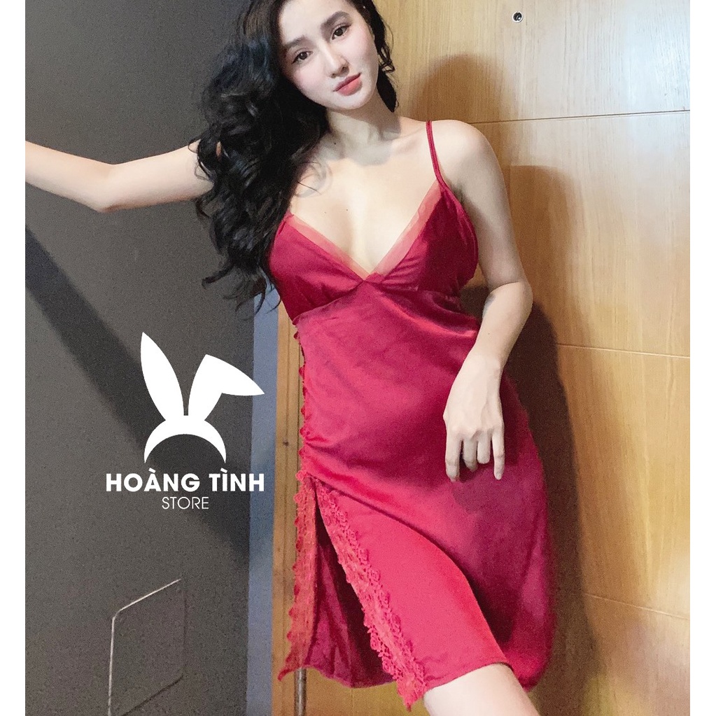 Đầm ngủ sexy 2 dây phối ren eo, ngực phối lưới gợi cảm Hoàng Tình Store lụa satin cao cấp mềm mại quyến rũ Freesize