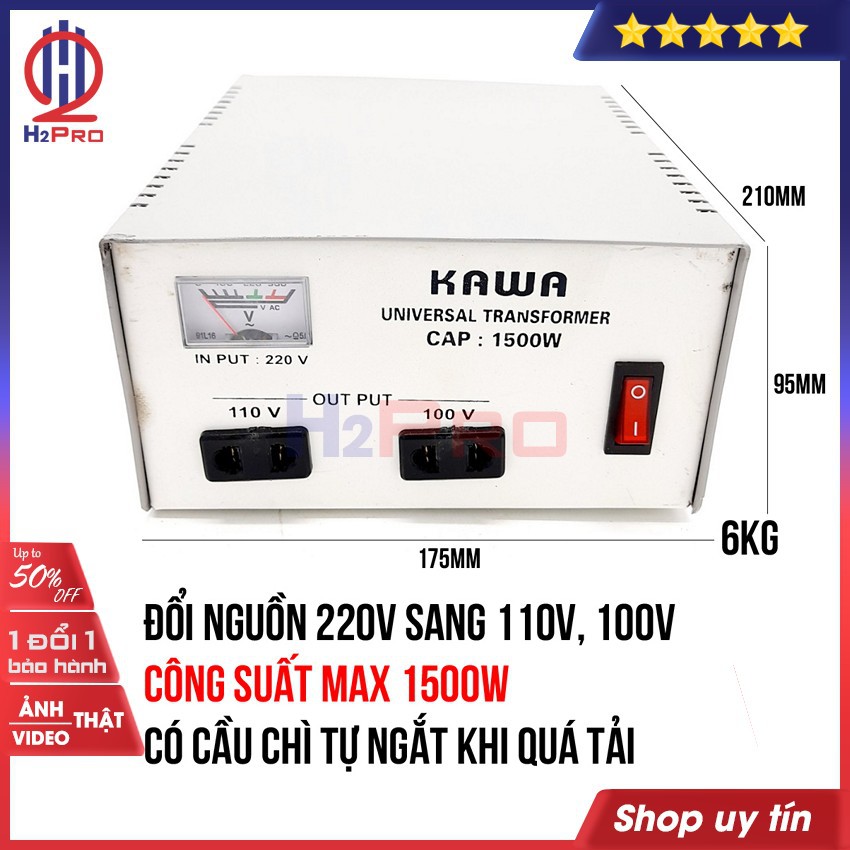 Bộ đổi nguồn 220V sang 110V-100V hoặc đổi nguồn 110V sang 220V KAWA H2Pro 1500W cao cấp, chất lượng cao-an toàn