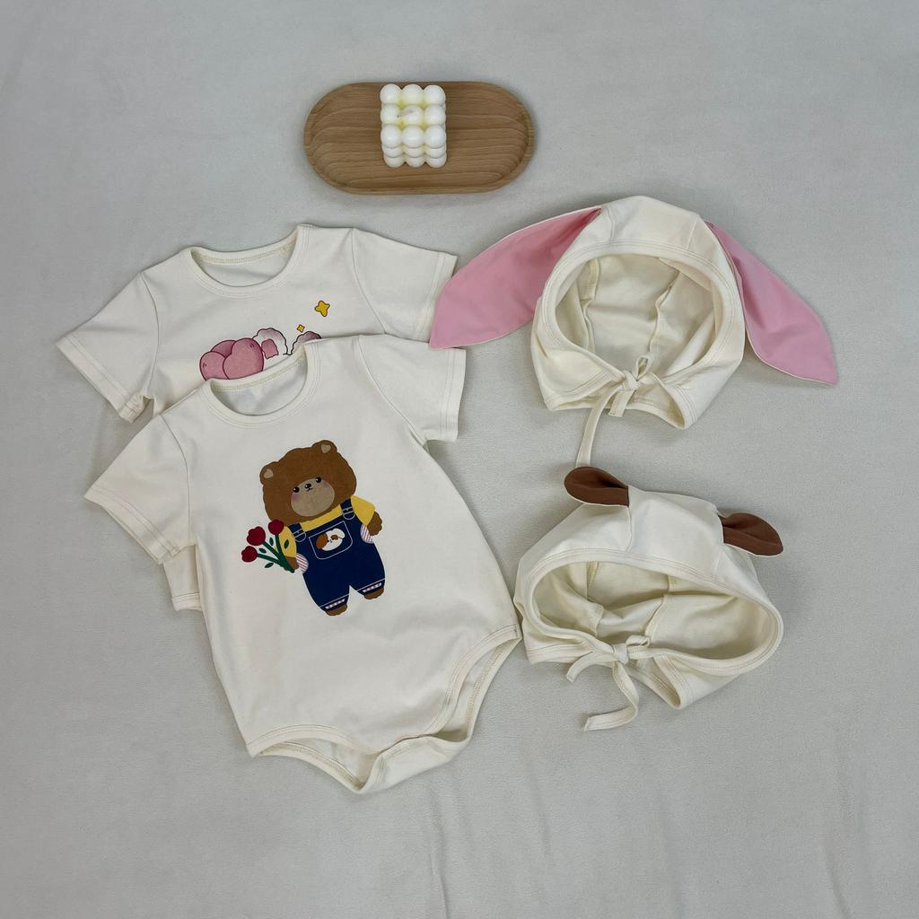 Bộ Áo Liền Quần Tay Ngắn Kèm Nón In Họa Tiết Gấu / Thỏ Dễ Thương Thời Trang Mùa Hè Cho Bé 0-2 Tuổi