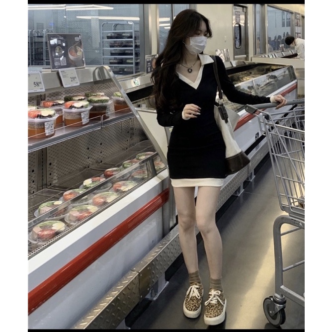 Đầm nữ đầm đen ôm body tay dài cổ sơ mi đi chơi đi dạo chuẩn mẫu ảnh kèm sàn