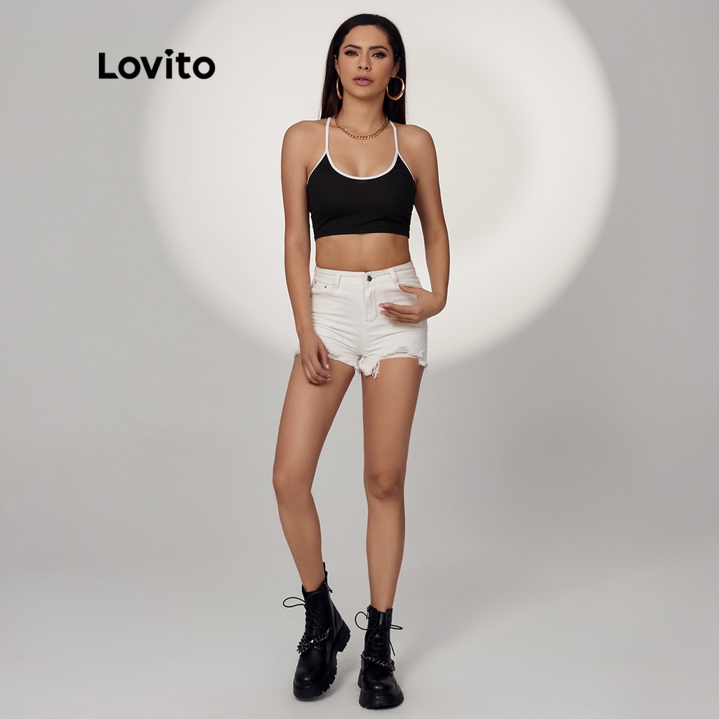 Áo yếm lửng Lovito cột dây sau lưng phối viền tương phản màu trơn thường ngày L17D127 (Màu đen)