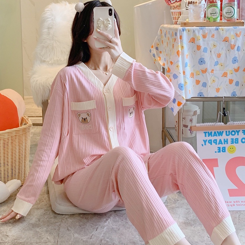 Bộ ngủ nữ, Đồ bộ nữ mặc nhà dễ thương hoạt hình pyjama tay cộc quần cộc mùa hè chất đũi xếp BNN004