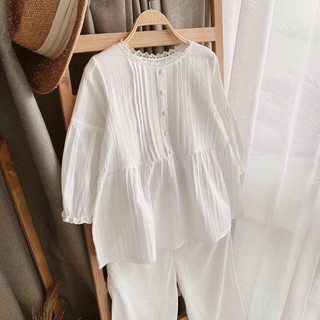 Áo Babydoll trắng ren xô tay phồng nút bọc (ảnh thật)