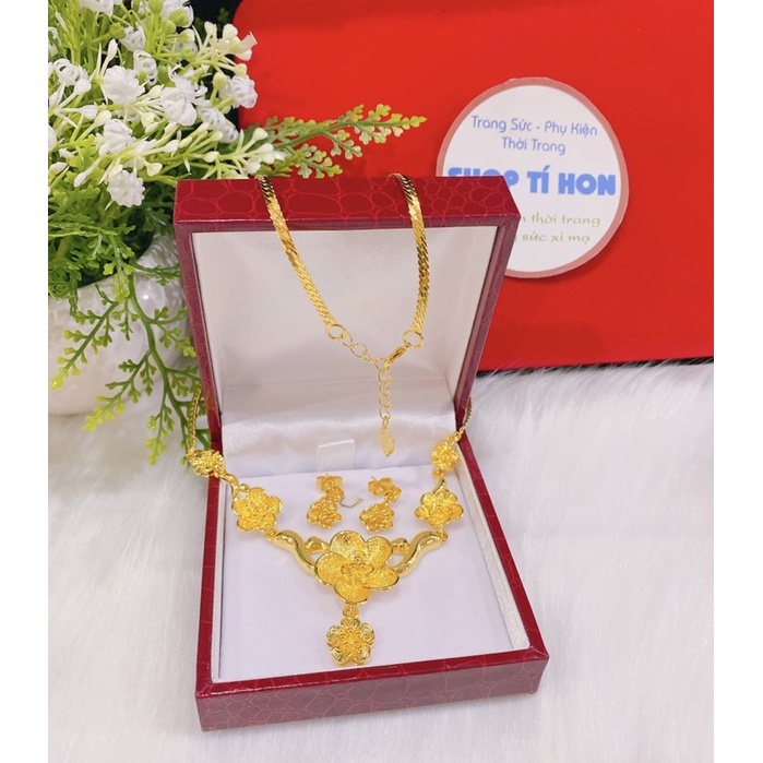 Set 1 dây chuyền hoa mai 1 đôi bông hoa mai dát vàng 24 cao cấp mẫu mới về