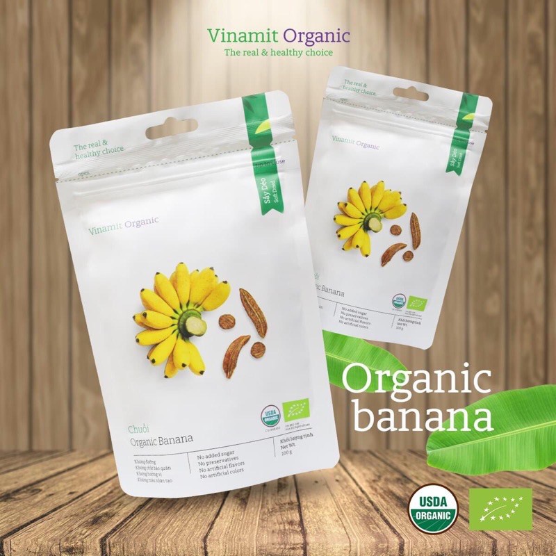 Chuối sấy dẻo hữu cơ Vinamit 100gr mềm dẻo hương vị tự nhiên 100% chuối tươi hữu cơ