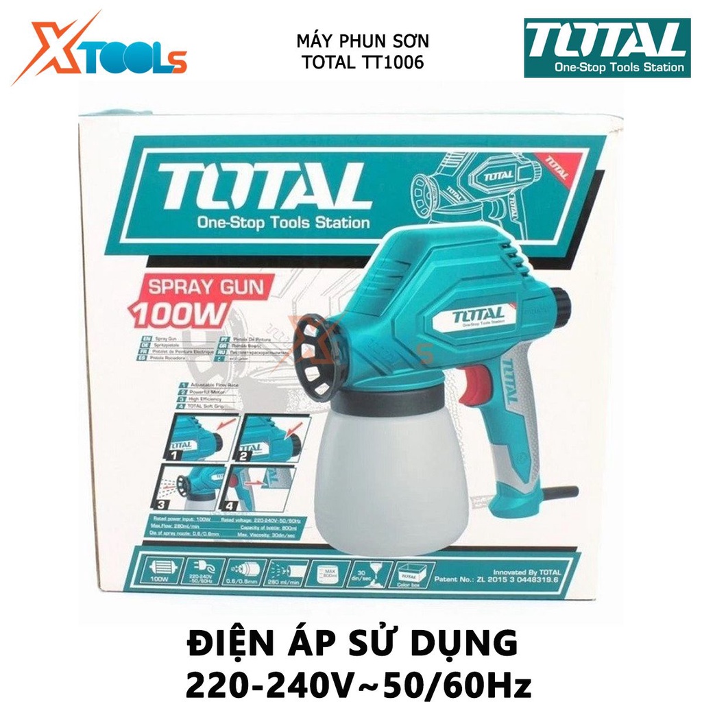 Máy phun sơn TOTAL TT1006 súng phun sơn có điện thế 220-240V~50/60Hz, Nguồn vào: 100W, 280ml / phút, 800ml, 0.6 / 0.8mm