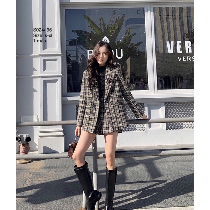 🌱 Set áo khoác dạ Blazer + quần short cạp cao cực tôn dáng hoạ tiết sọc caro Trendy