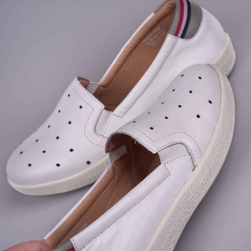 Giày Slipon da dê Geox trắng gót đỏ