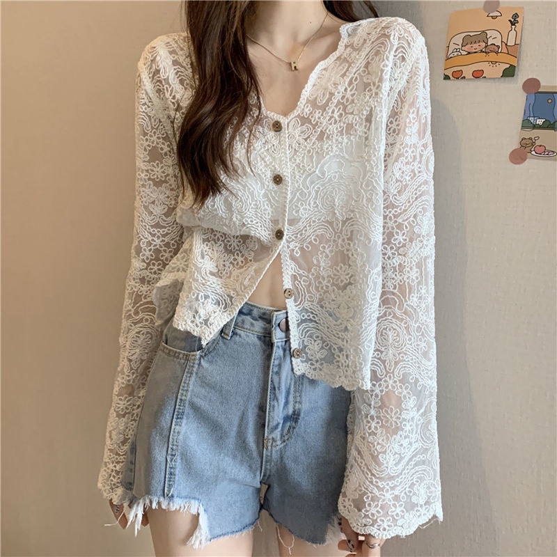 Áo len Cardigan chống nắng mỏng dài tay của phụ nữ khoác ren mới của Pháp thời trang Mùa hè