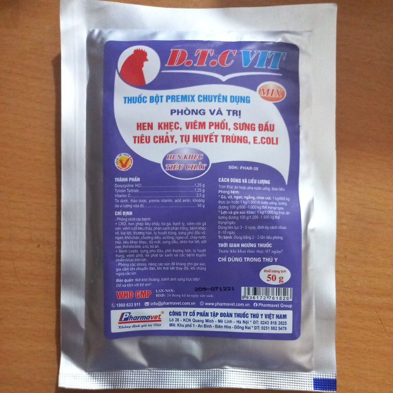 Bột premix chuyên dụng hen khẹc tiêu chảy D.T.C VIT 50g