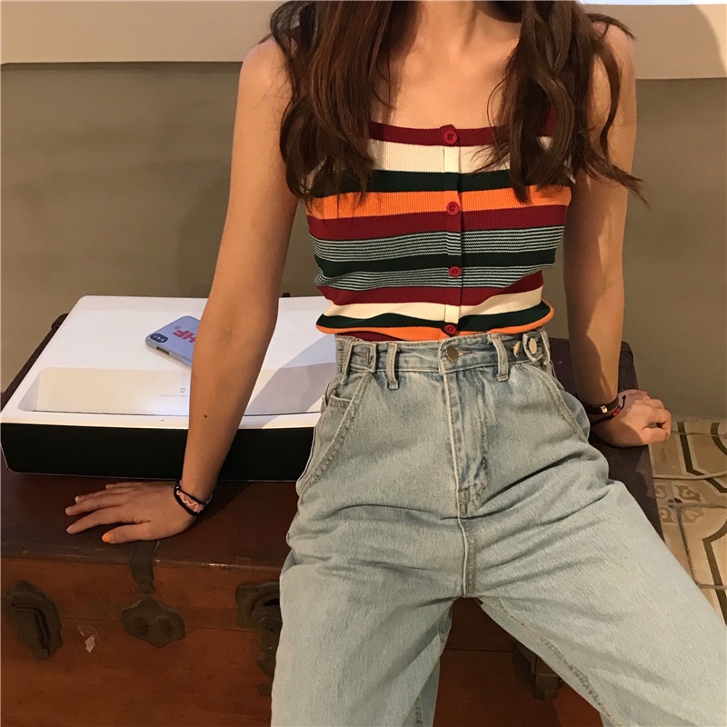 Áo dệt kim ZHELIHANGFEI không tay họa tiết sọc nhiều màu sắc retro thời trang mùa hè phong cách Hong Kong cho nữ