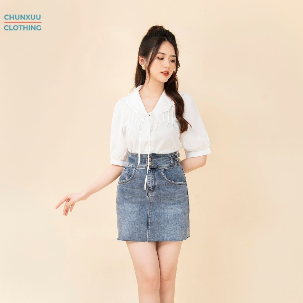 Áo sơ mi trắng nữ tay lỡ dáng ôm Chunxuu thiết kế cổ áo bèo nơ dây nhẹ nhàng thanh lịch - SP41