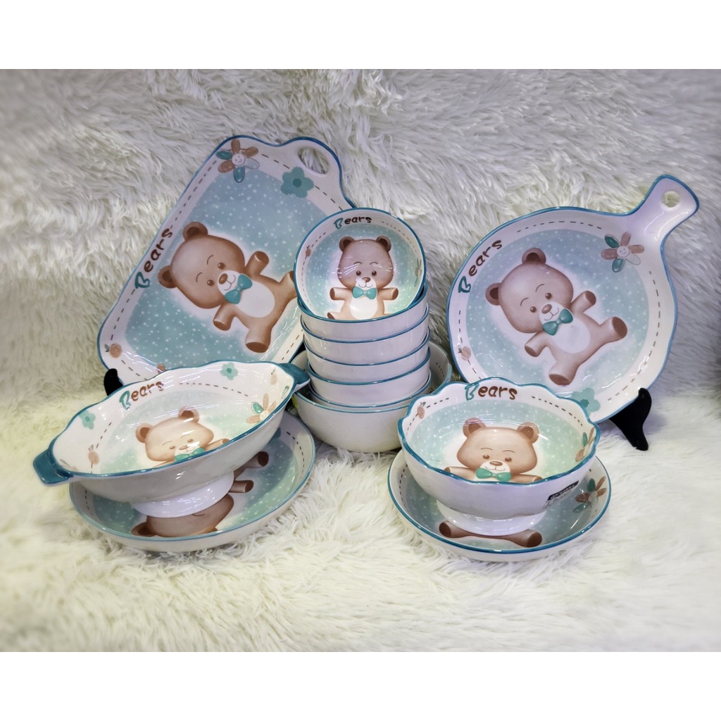 Bộ bát đĩa decor gốm sứ siêu đẹp Bộ gấu xanh siêu đẹp