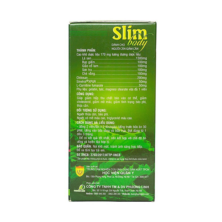 Giảm cân Slim Body New Học Viện Quân Y 100 viên