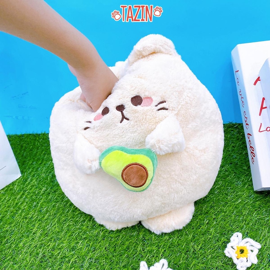 Gấu Bông Mèo Ôm Quả Bơ Cute, Chất Vải Nhung Và Bông Gòn Cao Cấp Tazin