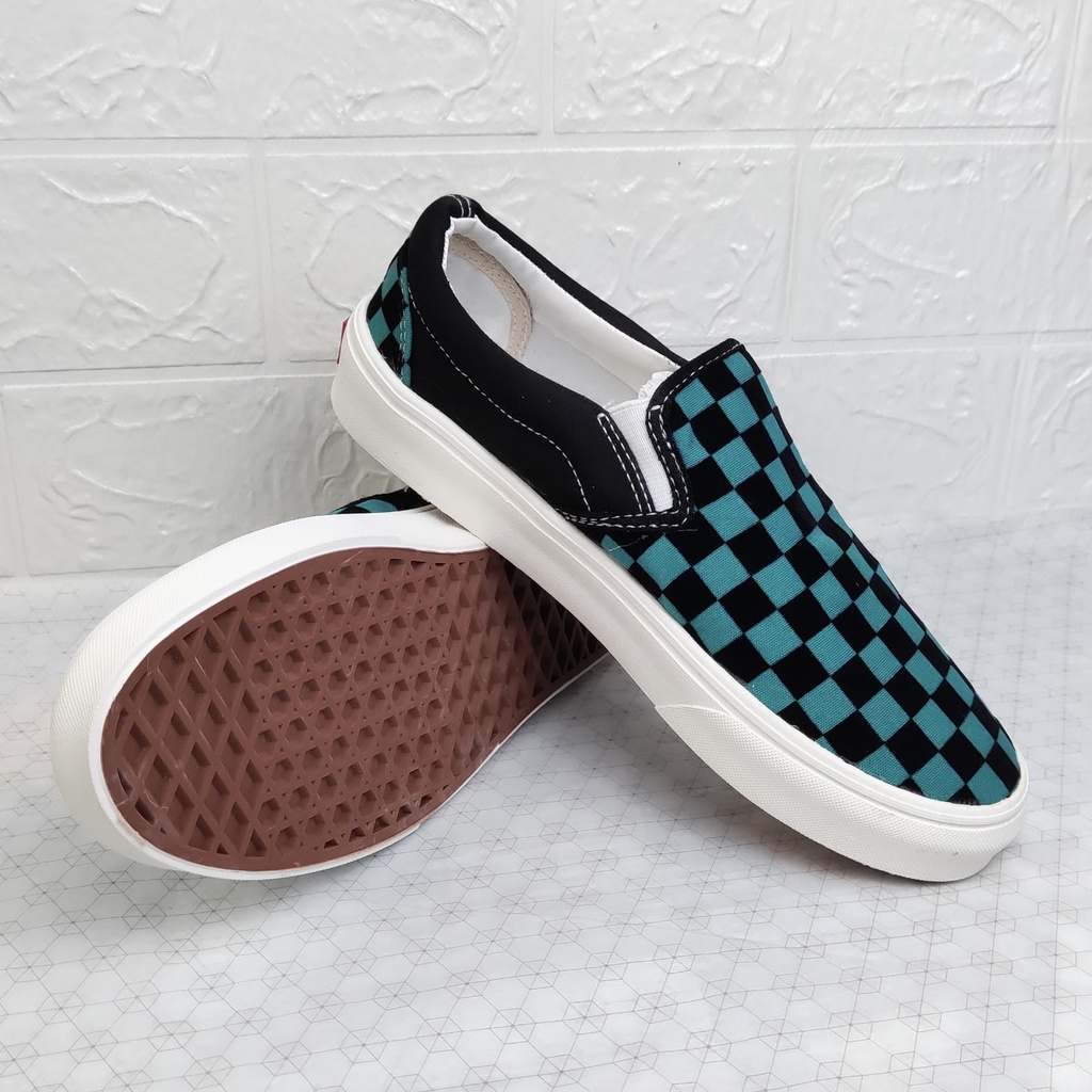 Giày Thể Thao Van Slipon Caro Xanh Đen, Giày Lười Caro Xanh Đen Nam Nữ Fullbox