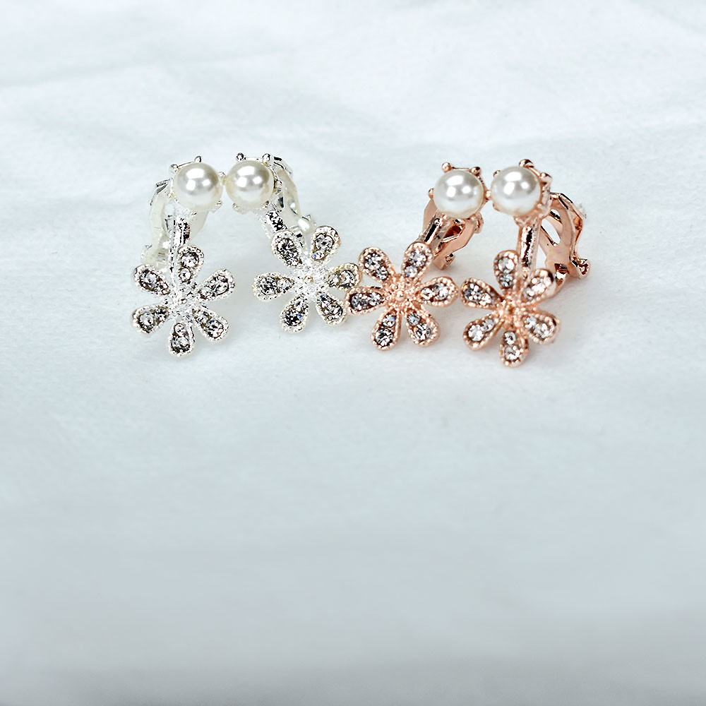 Khuyên kẹp vành tai không xỏ lỗ màu bạc/vàng kim thiết kế hoa đính đá phối ngọc trai giả